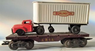 Vintage Marx Erie Flatbed Car With Burlington Tractor Trailor On It