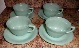 Set Of 4 Vintage Jadeite Jadite Fire King Jane Ray Cup And Saucer Owfk