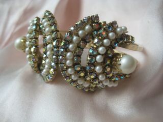 Vintage Juliana Clamper Bracelet Faux Pearl & Aurora Borealis Rhinestones