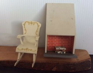 Vintage Lundby Of Sweden Wooden Dollhouse Fireplace And Rocker