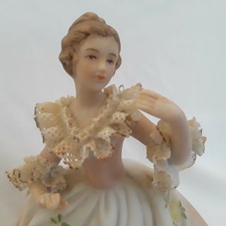 Vintage Musical Dresden Lace Woman Figurine QUE SERA SERA Music Box PINK DRESS 3