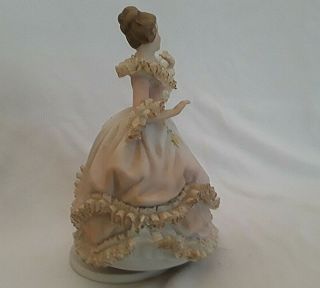 Vintage Musical Dresden Lace Woman Figurine QUE SERA SERA Music Box PINK DRESS 7