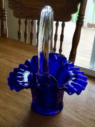 Vintage “fenton” Cobalt Blue W/clear Handle Glass Basket Berry & Butterfly Desig