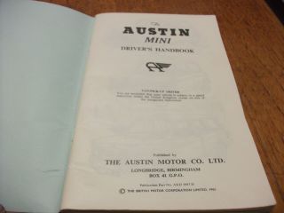 Vintage 1966 AUSTIN MINI Driver ' s Handbook BMC PUBLICATION 2