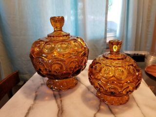 2 Vintage Moon And Stars Amber Gold Glass Covered Pedestal Candy Dish L.  E Smith