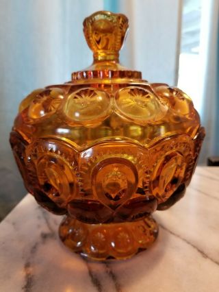 2 Vintage Moon and Stars Amber Gold Glass Covered Pedestal Candy Dish L.  E Smith 2