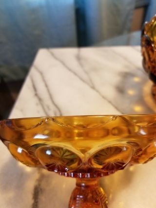 2 Vintage Moon and Stars Amber Gold Glass Covered Pedestal Candy Dish L.  E Smith 4