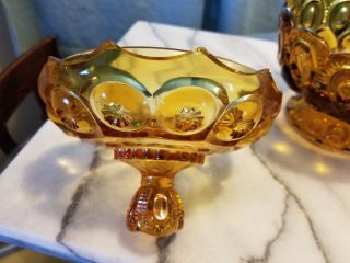 2 Vintage Moon and Stars Amber Gold Glass Covered Pedestal Candy Dish L.  E Smith 5