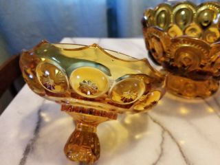 2 Vintage Moon and Stars Amber Gold Glass Covered Pedestal Candy Dish L.  E Smith 6