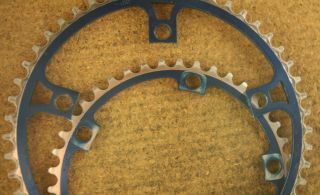 Vintage Ofmega blue anodized chainrings set 144 Campagnolo Record fit Vitus Alan 4