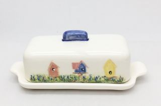 Vintage Covered Butter Dish Tab Handles Bird Houses Unbranded Pottery Serving