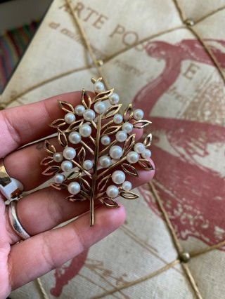Vintage Signed Crown Trifari Gold - Tone Metal Faux Pearl Tree Pin Brooch