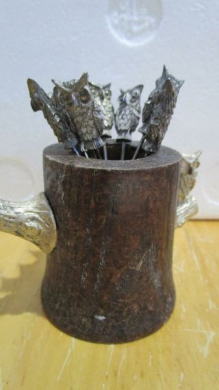 Vintage Owl Appetizer Food Picks In Tree Stump Holder Unique Pewter Stainless