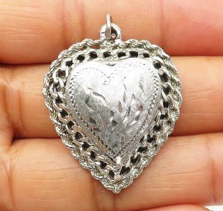 925 Silver - Vintage Floral Etched Love Heart Locket Pendant (opens) - P6918