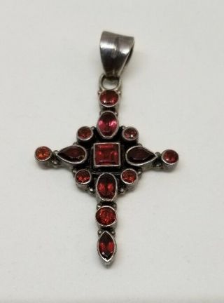 Vintage Sterling Silver Red Garnet Cross Pendant