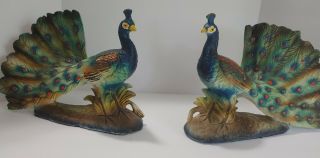 Vintage Colorful Set Of 2 Ceramic Hand - Painted Art Deco Style Peacock Figurines