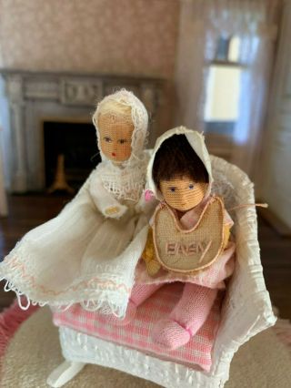 1980 Miniature Dollhouse Artisan Vintage Pink & White Stockinette Girl Dolls 2 "