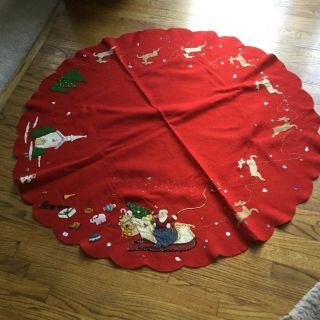 Vintage Christmas Tree Skirt,  Very Old 50” Across.  Sequins,  Felt.  Santa Sleigh