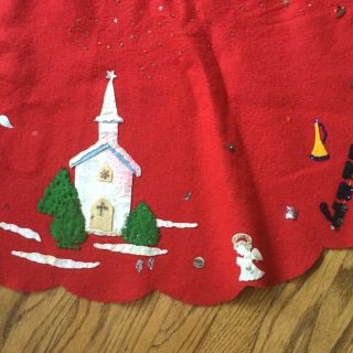 Vintage Christmas tree skirt,  Very Old 50” across.  Sequins,  felt.  Santa sleigh 4