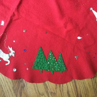 Vintage Christmas tree skirt,  Very Old 50” across.  Sequins,  felt.  Santa sleigh 5