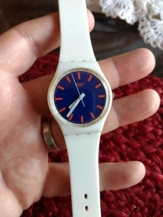 Vintage Rare 1980s White Swatch Watch With Blue And Orange Large Face