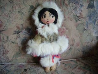 Old Inuit Eskimo Doll Real Fur Hand Stitched Embroidered Face 10 "