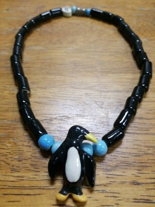 Vintage Signed Parrot Pearls Penguin Hand Painted Ceramic Bead Necklace Rare