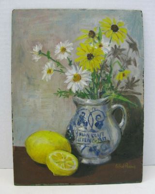 Vintage Signed Oil Acrylic Painting On Board Still Life Pitcher Flowers Lemon