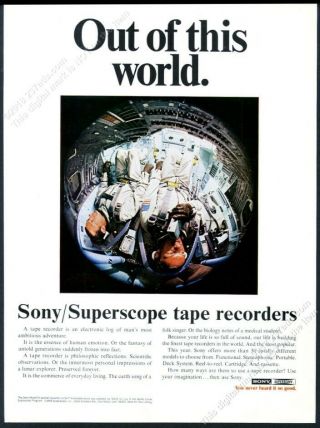 1969 Nasa Astronaut Photo In Space Capsule Sony Tape Recorder Vintage Print Ad