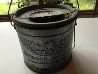 Vintage Fenwick Woodstream Galvanized Metal Floating Fishing Bait Bucket