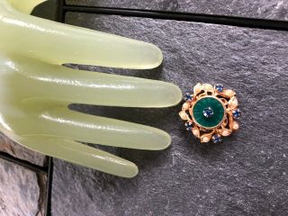 Vintage 1 " Goldtone Blue Rhinestones Faux Pearl Green Enamel Style Pin - Za