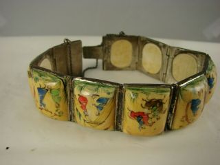 Vintage Middle Eastern Style Bracelet Silver Plated Brass? Handpainted.