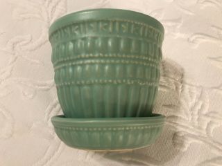 Vintage Mccoy Uncommon Matte Glaze Green Beaded 4” Pot With Attached Saucer