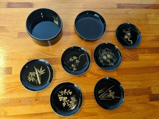 Vintage Coaster Set Black Lacquerware Bamboo Leaf Design In Gold Set Of 6