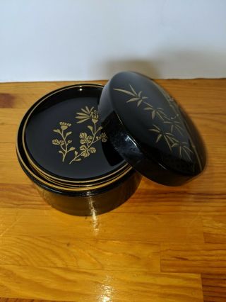 Vintage Coaster Set Black LacquerWare Bamboo Leaf Design in Gold Set of 6 2