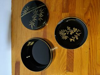 Vintage Coaster Set Black LacquerWare Bamboo Leaf Design in Gold Set of 6 3