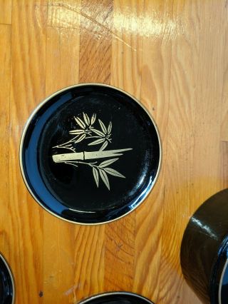 Vintage Coaster Set Black LacquerWare Bamboo Leaf Design in Gold Set of 6 4