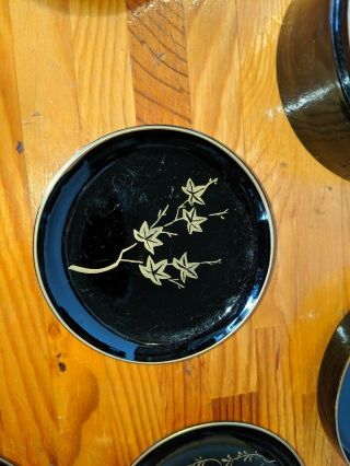 Vintage Coaster Set Black LacquerWare Bamboo Leaf Design in Gold Set of 6 5