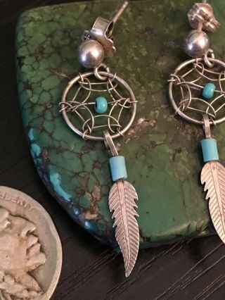 Vintage Native American Turquoise Sterling Silver Dream Catcher Earrings 2g