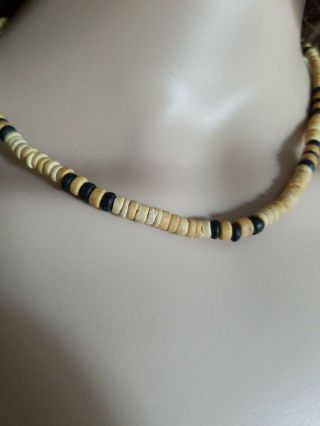 Black Tan Coconut Shell Carved Wood Beads Surfer Vintage Necklace 18 " Men Choker