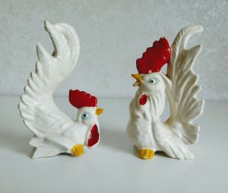 Vintage White Roosters Salt And Pepper Shakers Artmark Japan Chickens