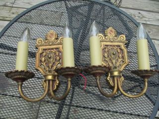 2 Antique Vtg Electric Double Arm Pair Candle Stick Wall Sconces Franklin