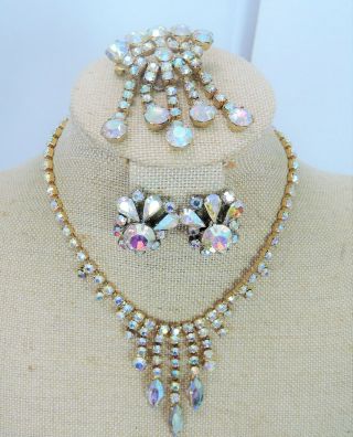 Stunning Pinkish Ab Rhinestone Vintage Drippy Necklace Brooch & Earrings