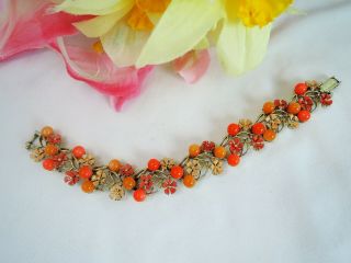 Vintage Peach & Orange Enamel Metal Floral & Thermoset Bead Bracelet