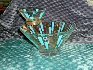 Vintage Mid Century Chip And Dip Set Turquois/gold Anchor Hocking Estate S1