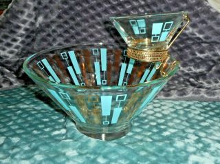 Vintage mid century Chip and Dip Set Turquois/Gold Anchor Hocking estate s1 3