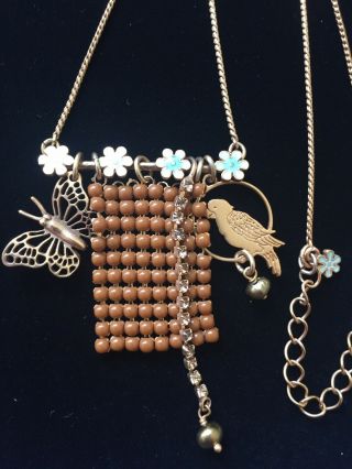 Vintage Jewellery Pilgrim Danish Design Enamel Necklace With Butterfly & Budgie