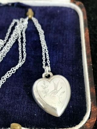 Vintage Solid Sterling Silver Etched Bird Heart On 18 " 46cm Chain Necklace (c)