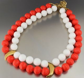 Vintage 60’s Multi 2 Strand Red & White Plastic Bead Necklace Signed Monet