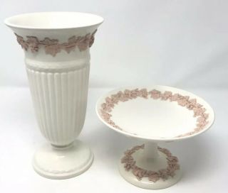 Vintage Wedgwood Queensware 8.  5 Tall Vase & 4” Cookie Stand Pink On Cream